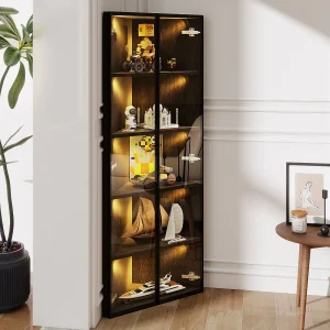 Hoekvitrine van gehard glas – 62 x 35 x 160 cm – met LED-verlichting + stofkap + 2 deuren – MDF + glas – zwart Hoekvitrine van gehard glas – 62 x 35 x 160 cm – met LED-verlichting + stofkap + 2 deuren – MDF + glas – zwart