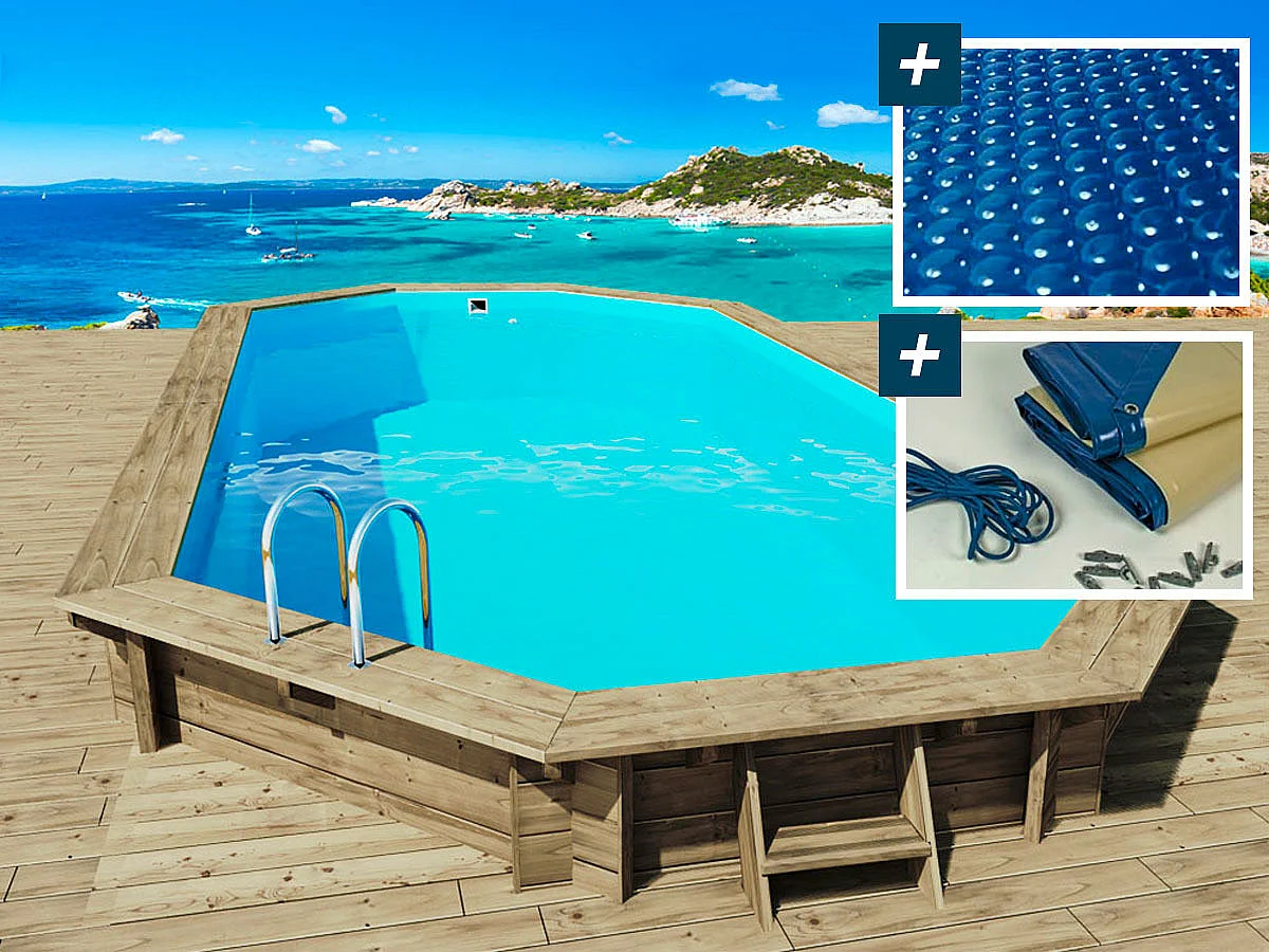 Houten zwembad " Ibiza 145 " - 857 x 457 x 145 cm + noppenfolie zwembadfolie 180 µ + afdekzeil winter zwembad winterzeil 280 g/m²