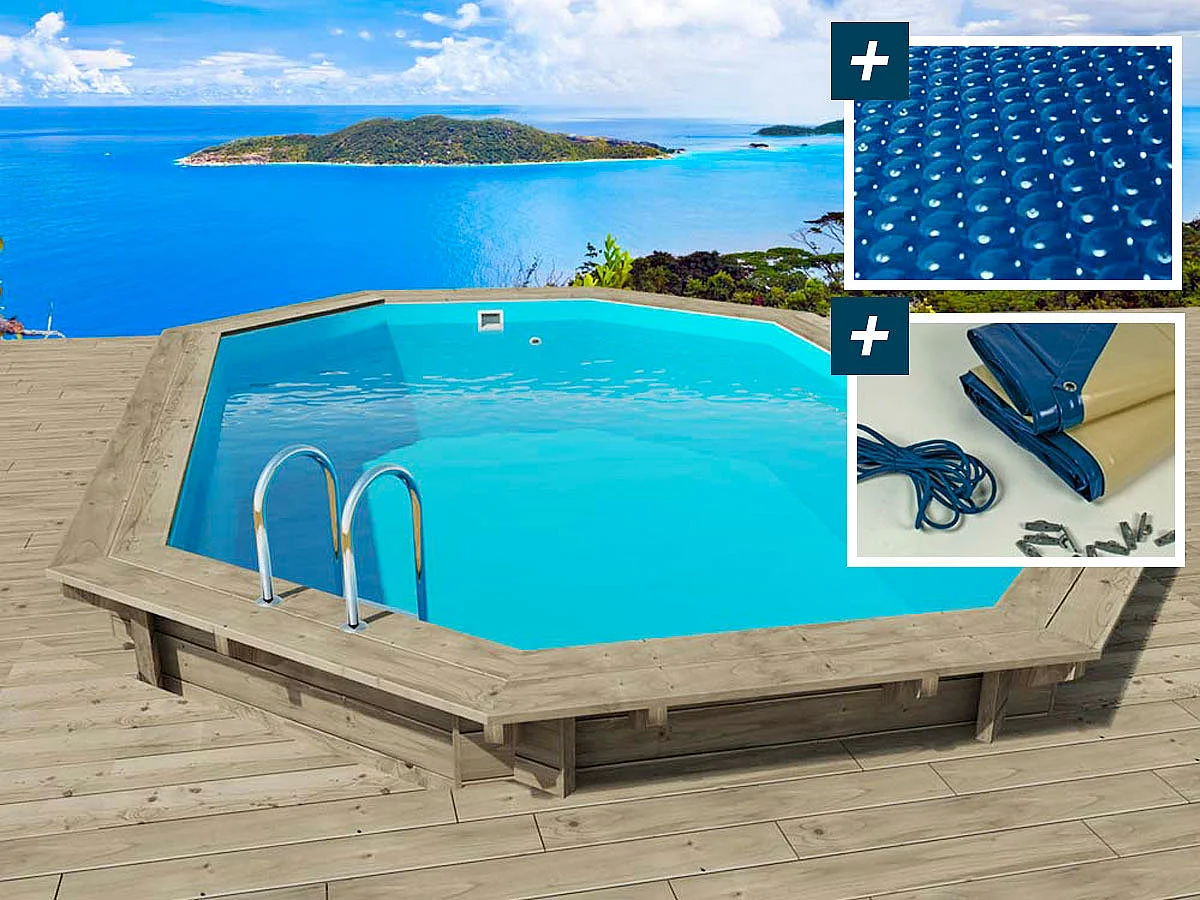 Houten zwembad " Miami 120 " - 486 x 336 x 145 cm + noppenfolie zwembadfolie 180 µ + afdekzeil winter zwembad winterzeil 280 g/m²
