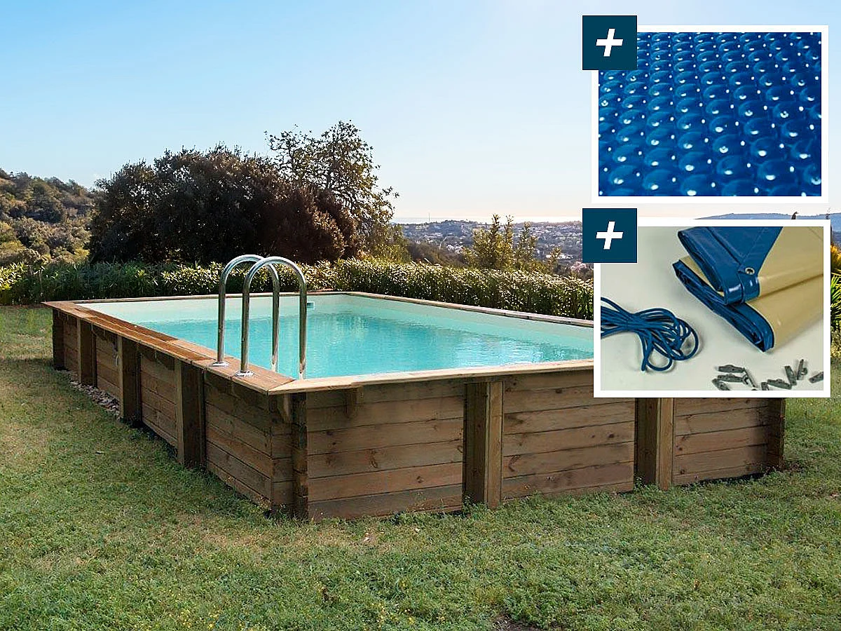 Houten zwembad rechthoekig "Sunrise" pakket - 820 x 520 x 144 cm + noppenfolie zwembadfolie 400 µ - Afdekzeil winter zwembad winterzeil 280 g/m²