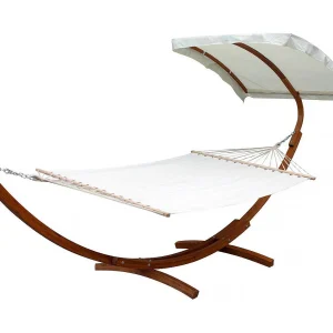 Hangmat met houten onderstel "Dallas XL"  – met katoenen doek en luifel – Ecru
