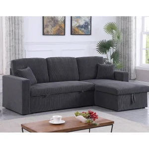 Hoekbank slaapbank meubel opbergruimte velours ribfluweel bank "Alain" – 3 zits – Grijs