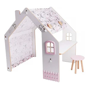"Bianelli" Houten Kinderspeelhuis met Bureau en LED-verlichting – Wit/Roze – Europees Design