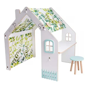 "Bianelli Houten Speelhuisje voor Kinderen met Bureau en LED-Verlichting – Wit/Mint – 114 x 93 x 120 cm"