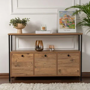 Industriële houten en zwarte metalen console 120x77cm met opbergruimte en open planken Industriële houten en zwarte metalen console 120x77cm met opbergruimte en open planken