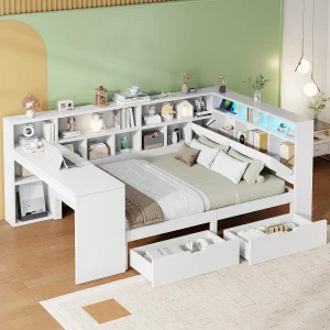 Houten bed 140 x 200 cm met bureau en plank – Kinderbed met 2 lades en ledverlichting – Wit Houten bed 140 x 200 cm met bureau en plank – Kinderbed met 2 lades en ledverlichting – Wit