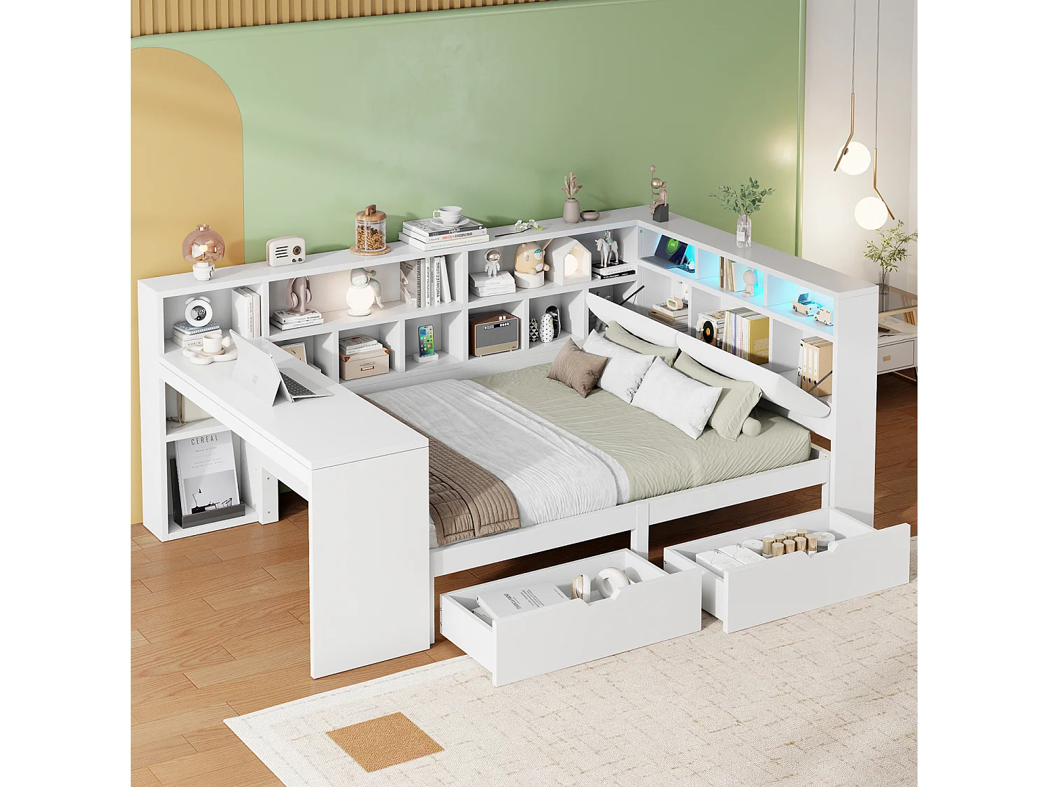 Houten bed 140 x 200 cm met bureau en plank - Kinderbed met 2 lades en ledverlichting - Wit