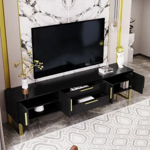 Hoogglans zwart gelakt tv-meubel, 170x40x535,5 cm – 4 deuren en 2 lades – gouden poten Hoogglans zwart gelakt tv-meubel, 170x40x535,5 cm – 4 deuren en 2 lades – gouden poten