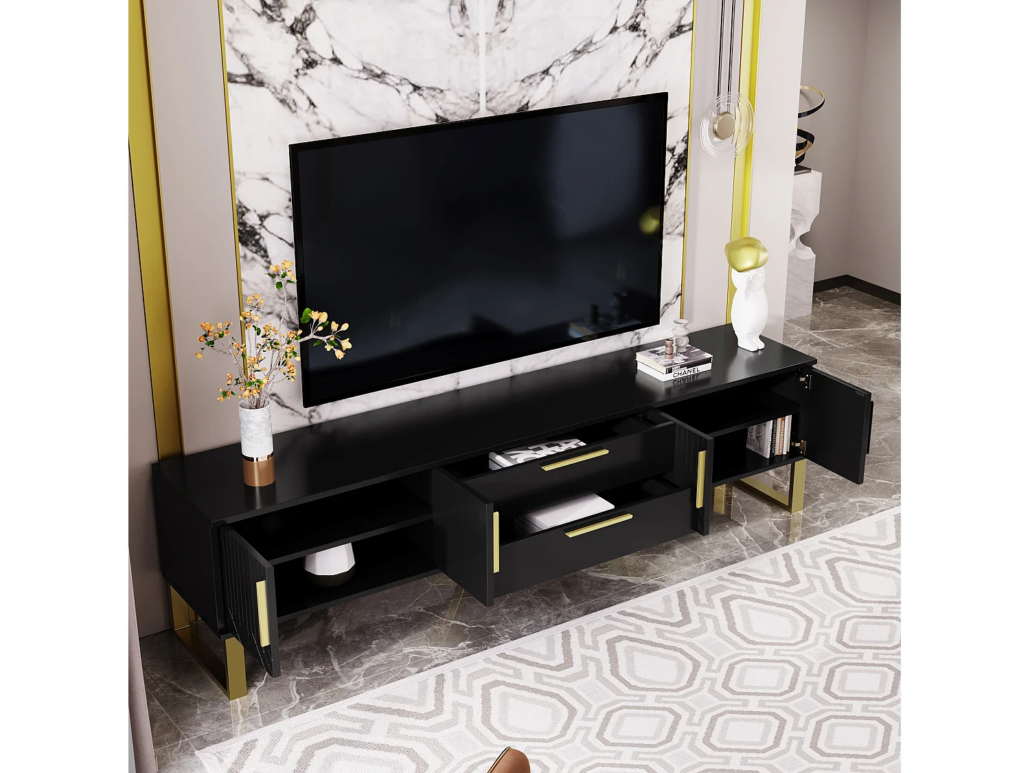 Hoogglans zwart gelakt tv-meubel, 170x40x535,5 cm - 4 deuren en 2 lades - gouden poten