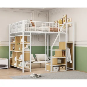 Hoogslaper van 140×200 cm met opbergruimte en kledingstang – Kinderbed van MDF en metaal – Wit en licht naturel Hoogslaper van 140×200 cm met opbergruimte en kledingstang – Kinderbed van MDF en metaal – Wit en licht naturel