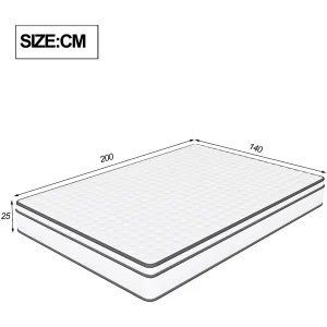 Hybride matras 140x200x25 cm met pocketveren, ademende 3D-stof, gemiddeld comfort, wit en grijs