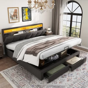 Hydraulisch opbergbed 160×200 cm in grijs linnen met geïntegreerde ledverlichting, uitschuifbaar hoofdeinde, 2 lades en opbergvakken.