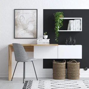 Houten bureau "Tiff" 145x45x74 cm, wit eiken, 1 plank, 2 deuren, modern en functioneel design Houten bureau "Tiff" 145x45x74 cm, wit eiken, 1 plank, 2 deuren, modern en functioneel design