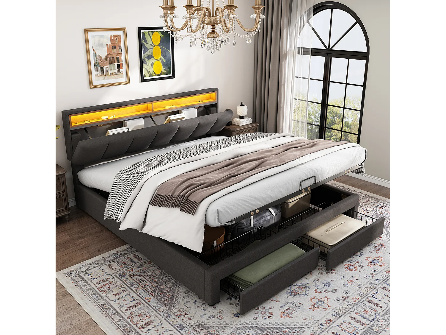 Hydraulisch opbergbed 160x200 cm in grijs linnen met geïntegreerde ledverlichting, uitschuifbaar hoofdeinde, 2 lades en opbergvakken.