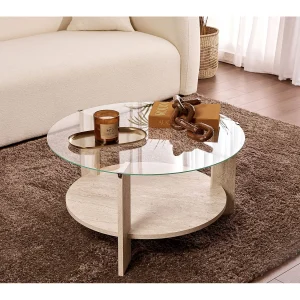 Houten salontafel "Clara" – 75 x 75 x 40 cm – TravertinTransparant