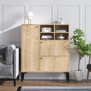 Houten buffet "Ewa" 100x35x125 cm Saffier Eik – 3 Deuren, 4 Planken, Traditionele & Scandinavische Stijl Houten buffet "Ewa" 100x35x125 cm Saffier Eik – 3 Deuren, 4 Planken, Traditionele & Scandinavische Stijl