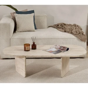 Houten salontafel "Ovalis" – 130 x 65 x 40 cm – Travertin