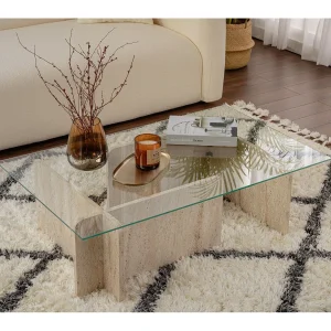 Houten salontafel "Flavio" – 105 x 65 x 30 cm – Travertin
