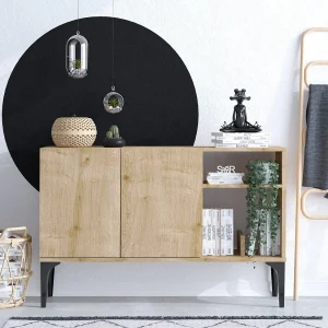 Houten buffet "Oscar" 120x40x80 cm Eiken Saffier Zwart 2 Deuren 2 Planken Industrieel en Scandinavisch Stijl Houten buffet "Oscar" 120x40x80 cm Eiken Saffier Zwart 2 Deuren 2 Planken Industrieel en Scandinavisch Stijl