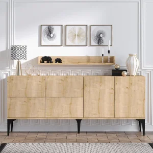 Houten buffet "Stella" 180x40x55 cm Eik Saphir – 4 lades, 6 deuren, 1 plank, Scandinavische en industriële stijl Houten buffet "Stella" 180x40x55 cm Eik Saphir – 4 lades, 6 deuren, 1 plank, Scandinavische en industriële stijl