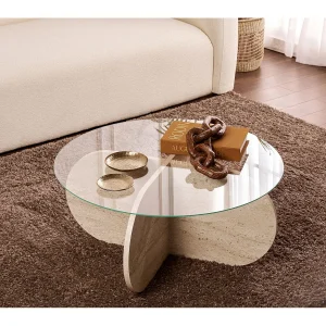 Houten salontafel "Aeris" – 75 x 75 x 35 cm – TravertinTransparant Houten salontafel "Aeris" – 75 x 75 x 35 cm – TravertinTransparant