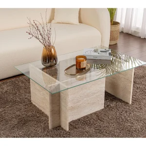 Houten salontafel "Vetrino" – 105 x 65 x 40 cm – Travertin