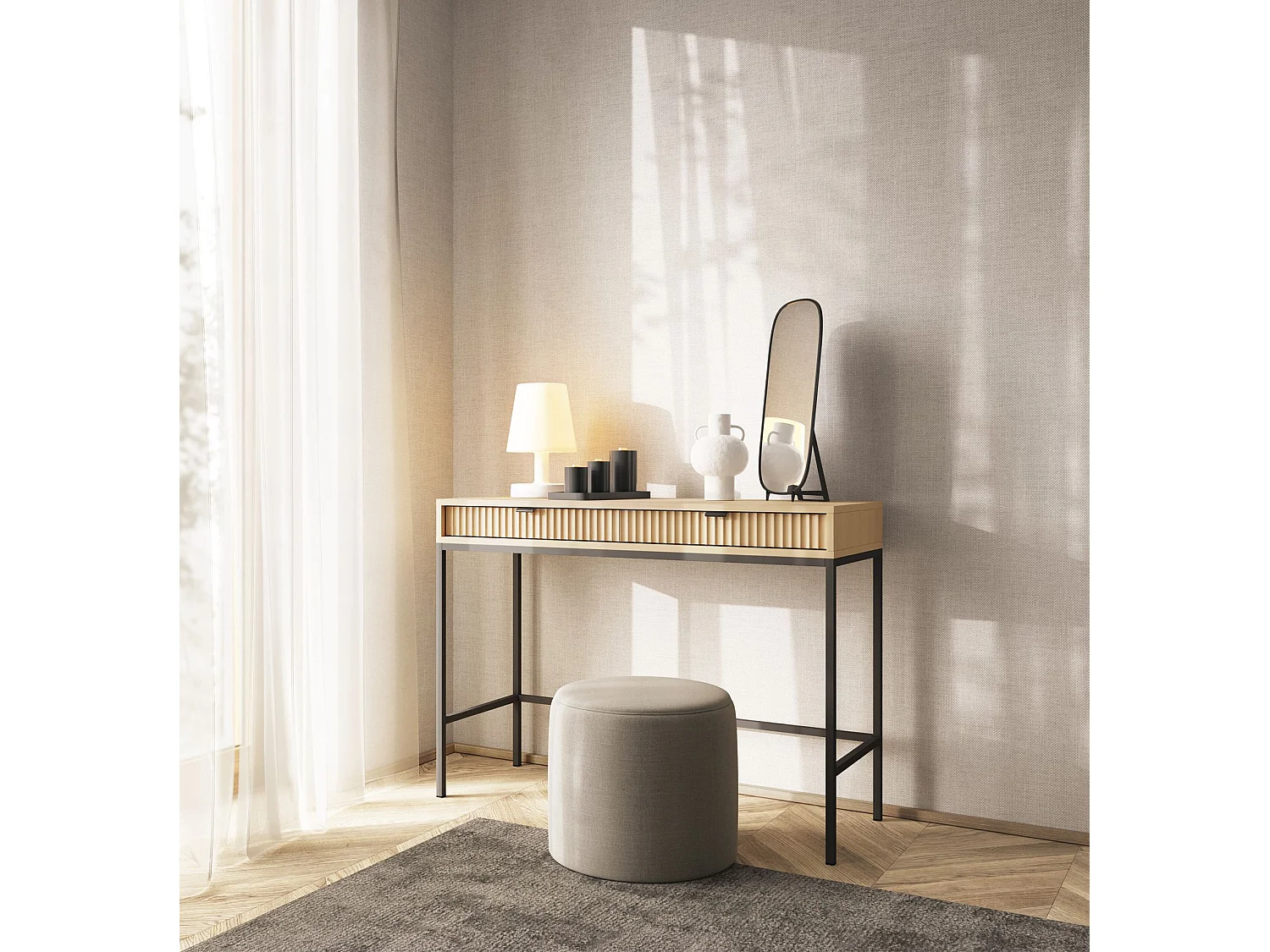Kaptafel met lade – Eiken Vicenza-lookmet zwart onderstel – 104 cm – VELLORE