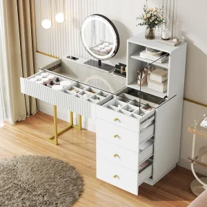 Kaptafel met LED-spiegel – blad van helder gehard glas – met 5 lades – 120 x 40 x 120 cm – MDF + glas – wit