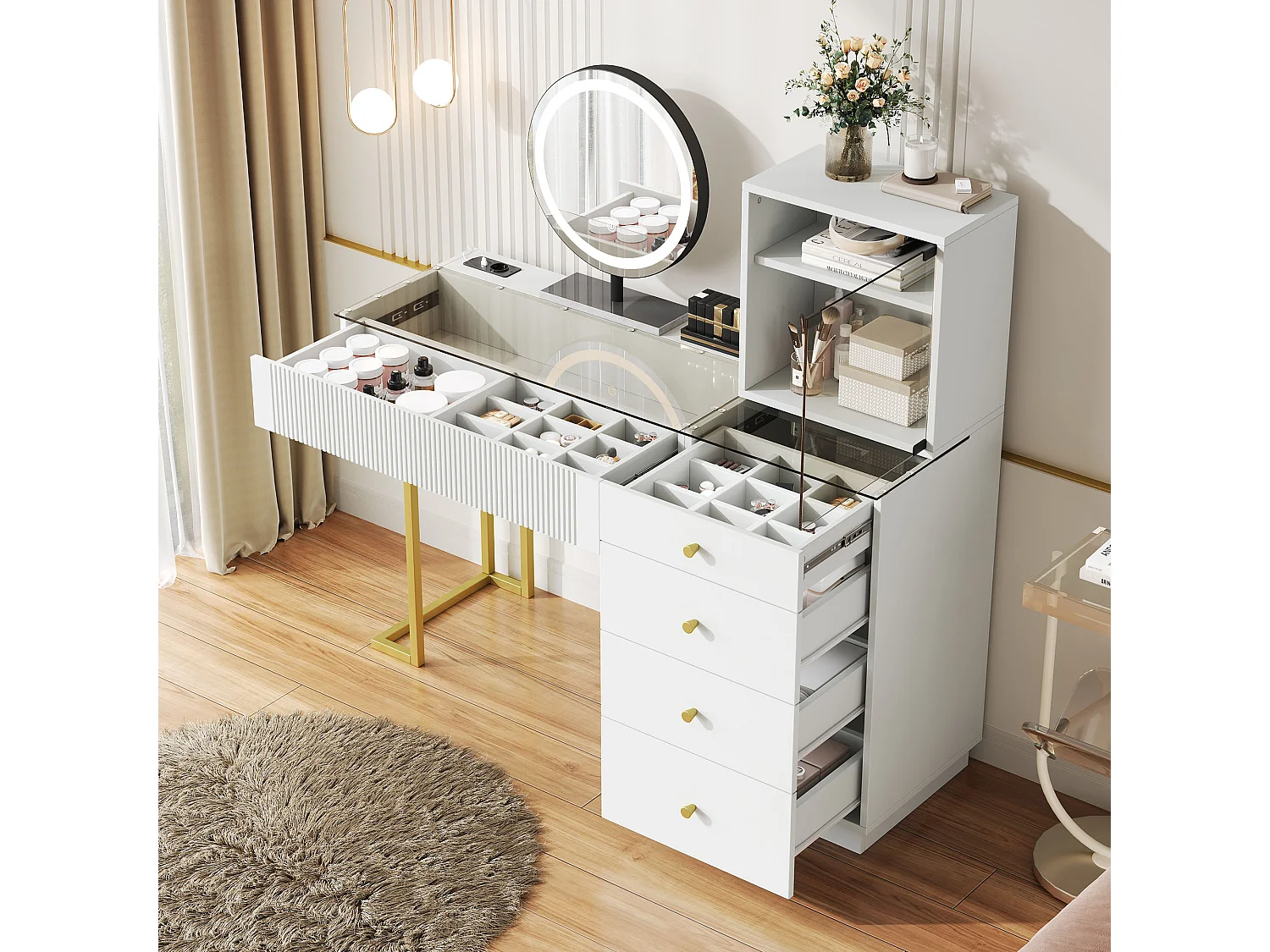 Kaptafel met LED-spiegel - blad van helder gehard glas - met 5 lades - 120 x 40 x 120 cm - MDF + glas - wit