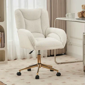 In hoogte verstelbare draaibare fauteuil – gouden poten – wit Teddy fluweel In hoogte verstelbare draaibare fauteuil – gouden poten – wit Teddy fluweel