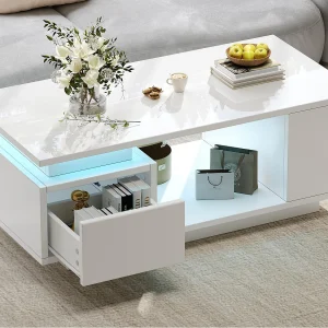 Hoogglans gelakte salontafel 100x50x36 cm – met LED-verlichting – met 1 lade – met 4 opbergvakken – Wit Hoogglans gelakte salontafel 100x50x36 cm – met LED-verlichting – met 1 lade – met 4 opbergvakken – Wit