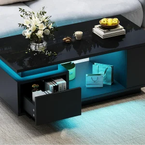 Hoogglans gelakte salontafel 100x50x36 cm – met LED-verlichting – met 1 lade – met 4 opbergvakken – Zwart Hoogglans gelakte salontafel 100x50x36 cm – met LED-verlichting – met 1 lade – met 4 opbergvakken – Zwart