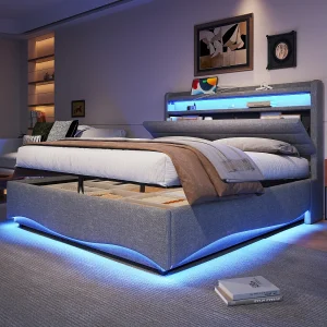 Hydraulisch opbergbed voor kinderen – 140 x 200 cm – met LED's + USB + opbergbaar hoofdeinde – linnen – grijs Hydraulisch opbergbed voor kinderen – 140 x 200 cm – met LED's + USB + opbergbaar hoofdeinde – linnen – grijs