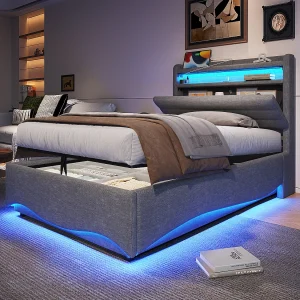 Hydraulisch opbergbed voor kinderen – 90 x 200 cm – met LED's + USB + opberghoofdbord – linnen – grijs Hydraulisch opbergbed voor kinderen – 90 x 200 cm – met LED's + USB + opberghoofdbord – linnen – grijs
