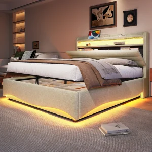Hydraulisch opbergbed voor kinderen – 140 x 200 cm – met LED's + USB + opbergbaar hoofdeinde – linnen – beige Hydraulisch opbergbed voor kinderen – 140 x 200 cm – met LED's + USB + opbergbaar hoofdeinde – linnen – beige