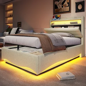 Hydraulisch opbergbed voor kinderen – 90 x 200 cm – met LED's + USB + opbergbaar hoofdeinde – linnen – beige Hydraulisch opbergbed voor kinderen – 90 x 200 cm – met LED's + USB + opbergbaar hoofdeinde – linnen – beige