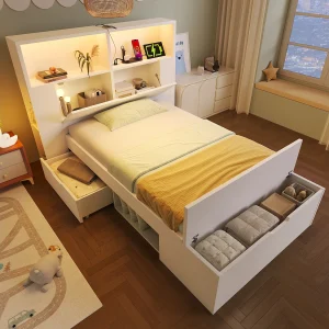 Houten kinderbed met opbergruimte – 90 x 200 cm – met opbergbaar hoofdeinde + LED's + USB + lades + bankje – hout – wit Houten kinderbed met opbergruimte – 90 x 200 cm – met opbergbaar hoofdeinde + LED's + USB + lades + bankje – hout – wit