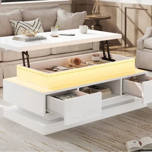 In hoogte verstelbare salontafel 100x50x40 cm – met 2 lades – LED-verlichting – Hoogglans gelakte afwerking – Spaanplaat – Wit In hoogte verstelbare salontafel 100x50x40 cm – met 2 lades – LED-verlichting – Hoogglans gelakte afwerking – Spaanplaat – Wit
