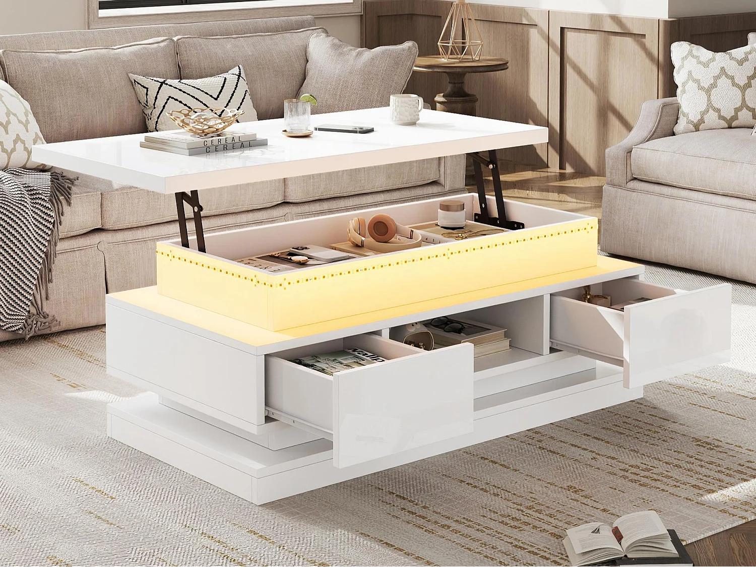 In hoogte verstelbare salontafel 100x50x40 cm - met 2 lades - LED-verlichting - Hoogglans gelakte afwerking - Spaanplaat - Wit