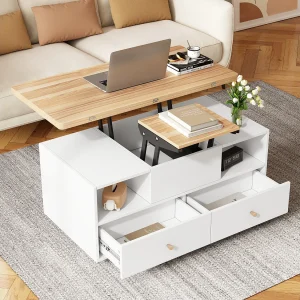 In hoogte verstelbare, opklapbare salontafel – met 4 lades – verplaatsbaar – 100 x 50 x 47,5 cm – Houtkleur In hoogte verstelbare, opklapbare salontafel – met 4 lades – verplaatsbaar – 100 x 50 x 47,5 cm – Houtkleur