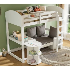 Hoogslaper van 90×200 cm met uitschuifbare tafel – Kinderbed met 3 kussens en sierkussens – Wit Hoogslaper van 90×200 cm met uitschuifbare tafel – Kinderbed met 3 kussens en sierkussens – Wit