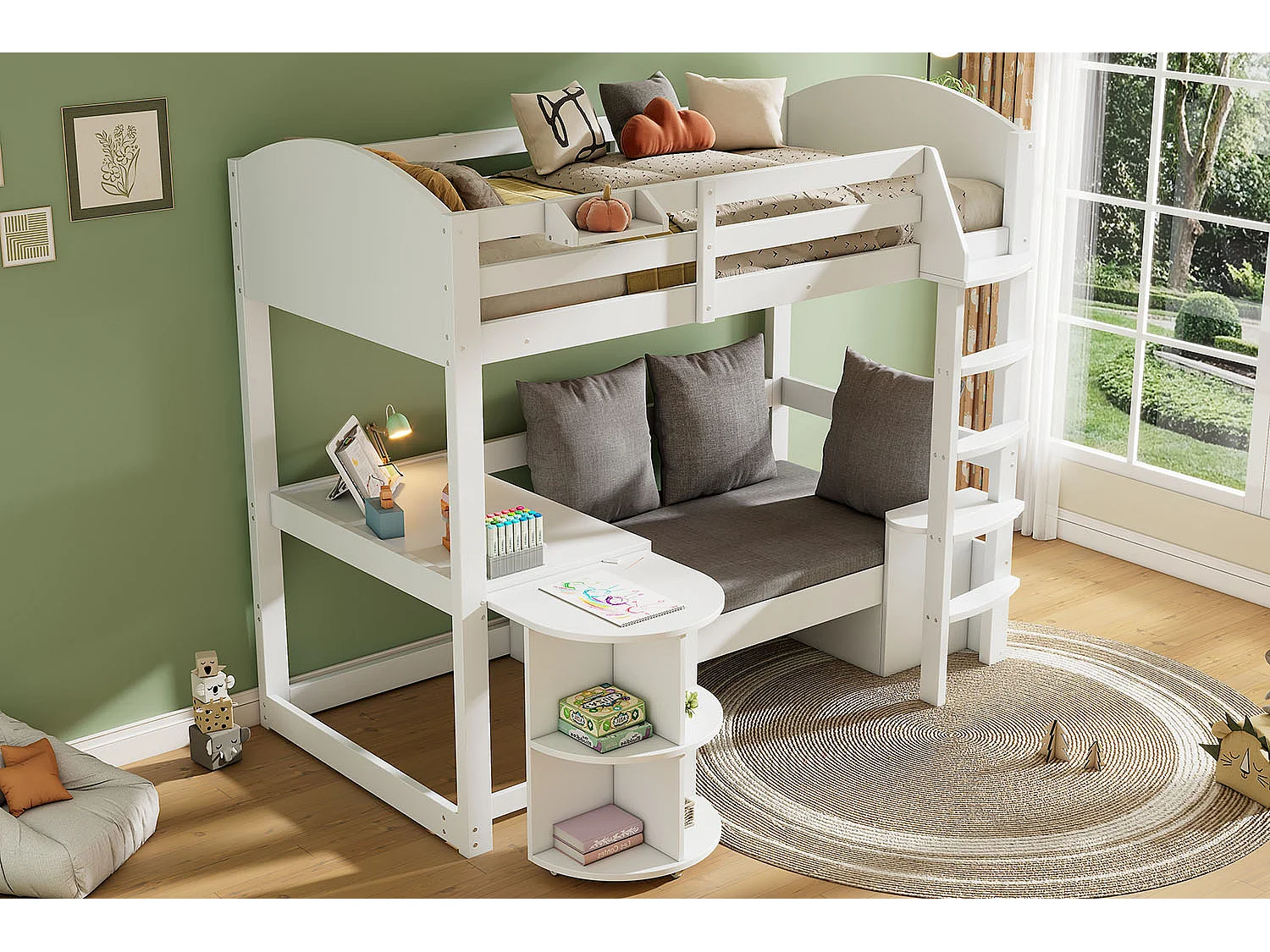 Hoogslaper van 90x200 cm met uitschuifbare tafel - Kinderbed met 3 kussens en sierkussens - Wit