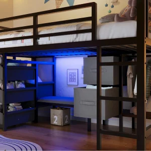 Hoogslaper 90x200cm – met 2 lades – met stoffen opbergvakken – met LED-licht – zwart (matras niet inbegrepen) Hoogslaper 90x200cm – met 2 lades – met stoffen opbergvakken – met LED-licht – zwart (matras niet inbegrepen)