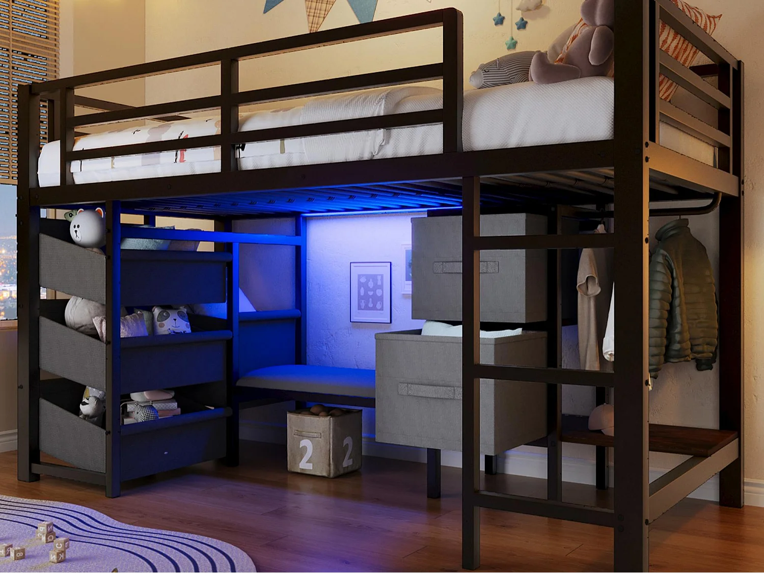 Hoogslaper 90x200cm - met 2 lades - met stoffen opbergvakken - met LED-licht - zwart (matras niet inbegrepen)