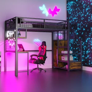 Hoogslaper 90 x 200 cm met stopcontact, kledingkast, planken en bureau – Metalen en houten bed – Zwart en donker naturel Hoogslaper 90 x 200 cm met stopcontact, kledingkast, planken en bureau – Metalen en houten bed – Zwart en donker naturel