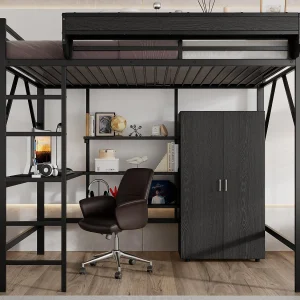Hoogslaper 140×200 cm – met bureau en opbergplank – met garderobekast – Metaal + MDF – Zwart (zonder matras) Hoogslaper 140×200 cm – met bureau en opbergplank – met garderobekast – Metaal + MDF – Zwart (zonder matras)