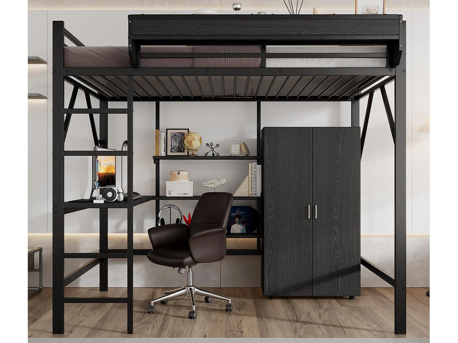 Hoogslaper 140x200 cm - met bureau en opbergplank - met garderobekast - Metaal + MDF - Zwart (zonder matras)
