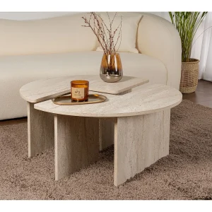 Houten salontafel "Moira" – 90 x 90 x 41 cm – Travertin
