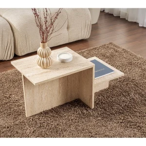 Houten salontafel "Harmony" – 80 x 40 x 40 cm – Travertin