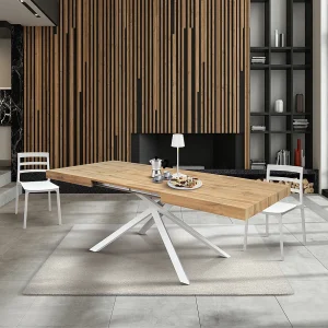 Houten tafel, eiken afwerking, onderstel wit, uitschuifbaar 160×90 – FORTE DEI MARMI